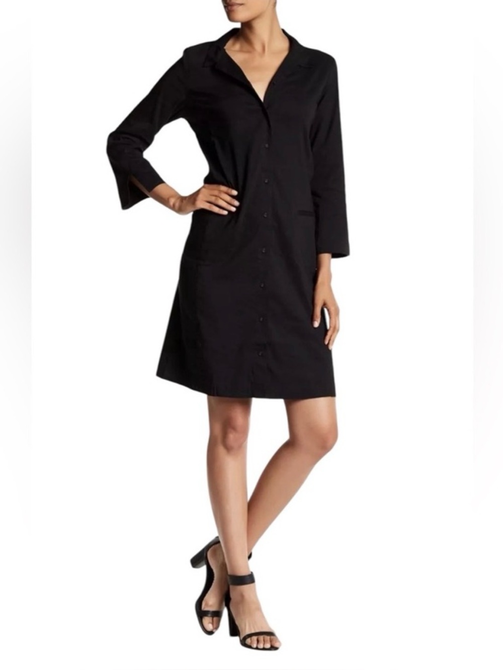 Eileen Fisher Long Sleeve Black Button-Up Shirt Dress